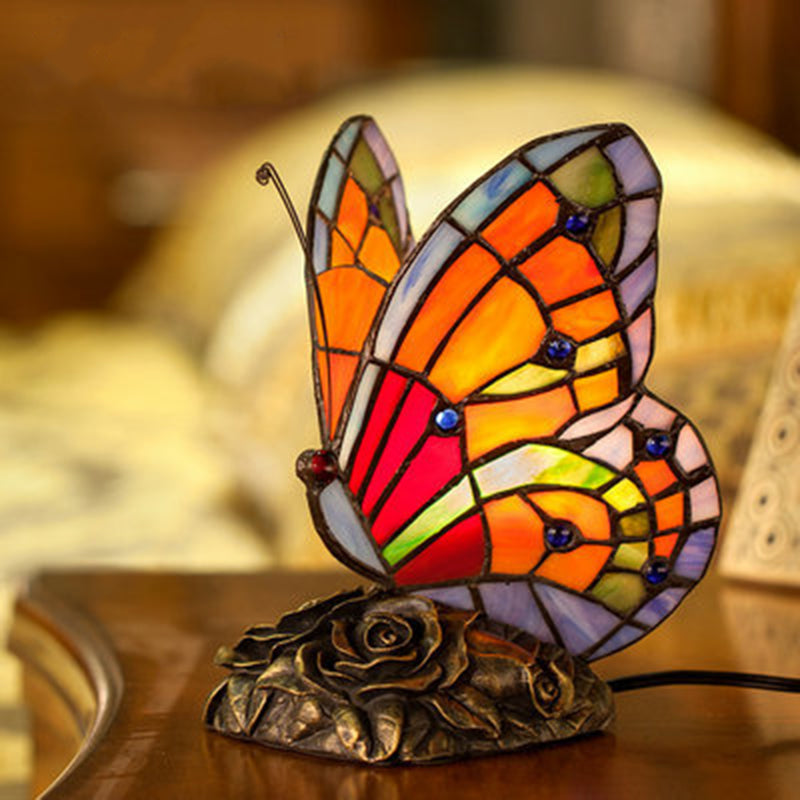 Stained Glass Table Lamp Butterfly Design With Bronze Rose Base - Product detail 5
