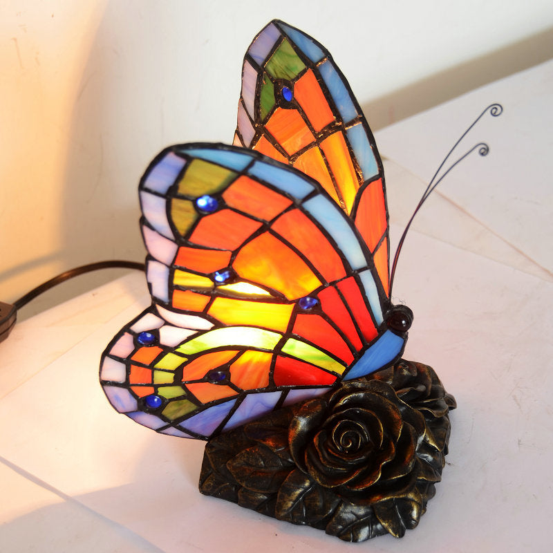 Stained Glass Table Lamp Butterfly Design With Bronze Rose Base - Product showcase