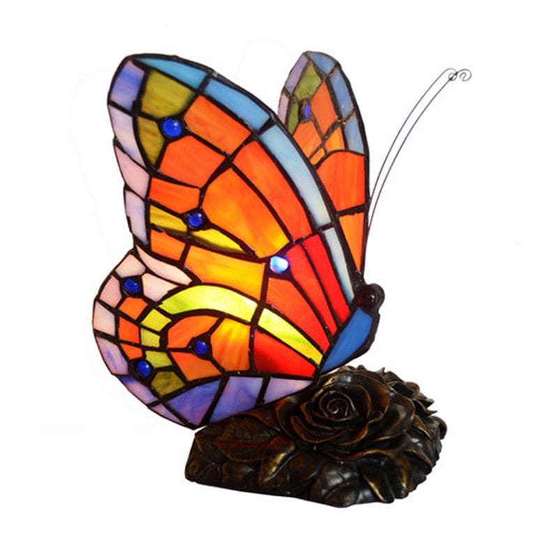Stained Glass Table Lamp Butterfly Design With Bronze Rose Base - Product example