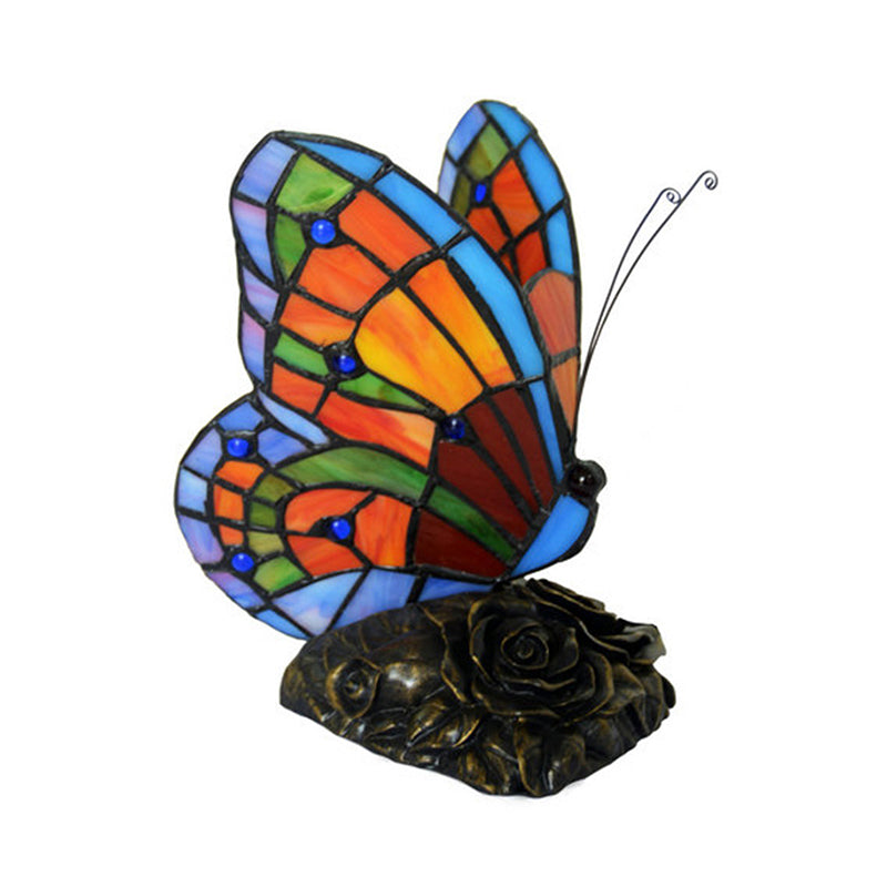 Stained Glass Table Lamp Butterfly Design With Bronze Rose Base - Detailed view