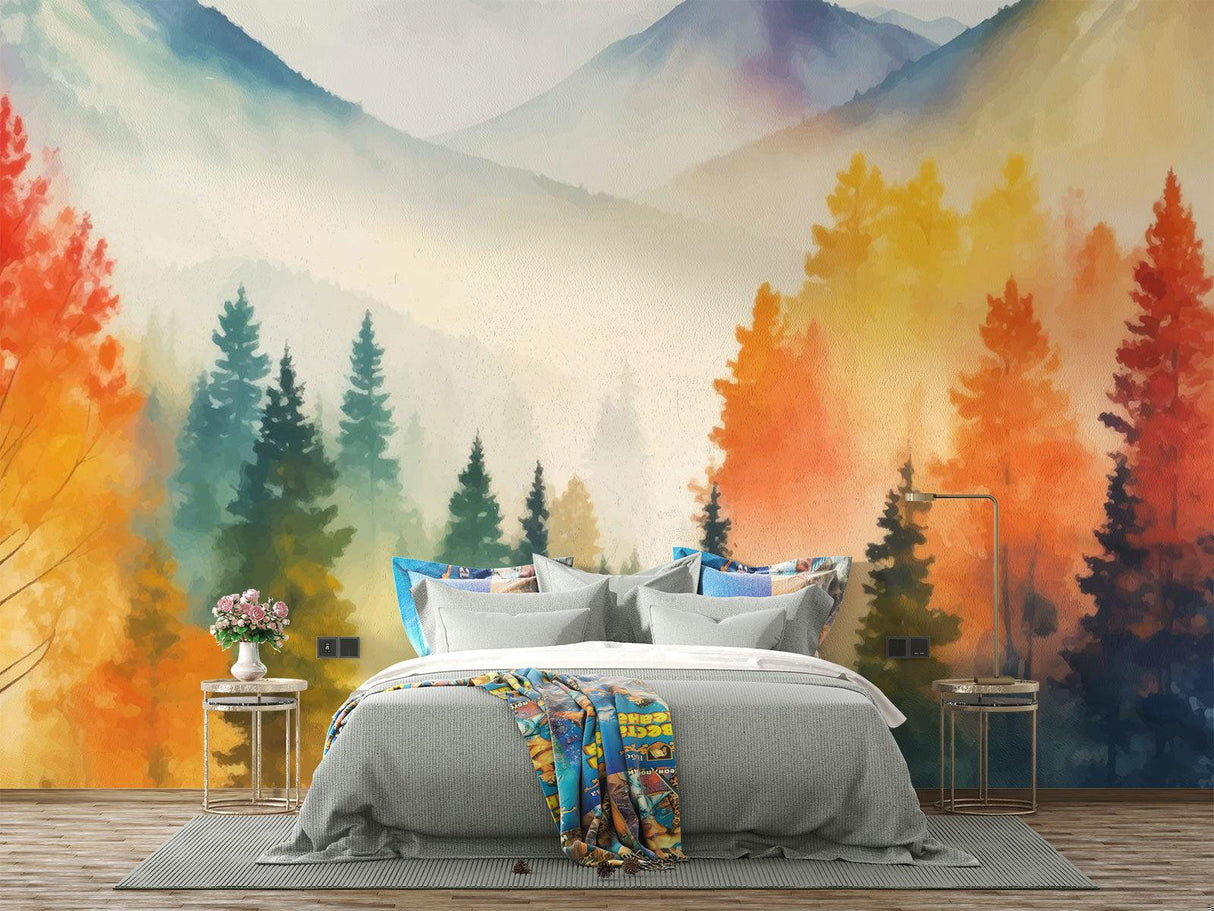 Forest Mural Wallpaper | Misty Mountain Watercolor Scene