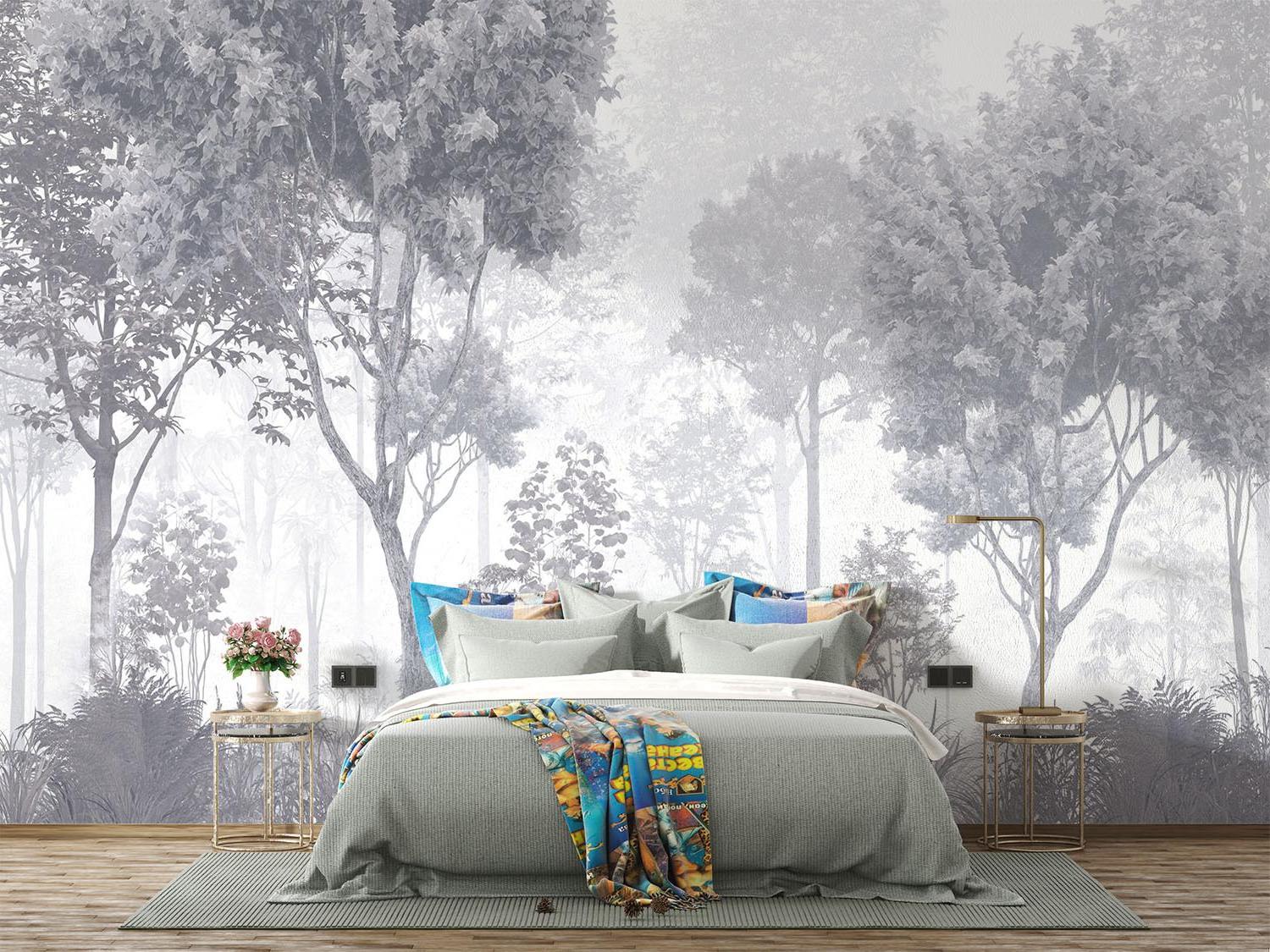 Forest Mural Wallpaper | Misty Grey Tree Landscape