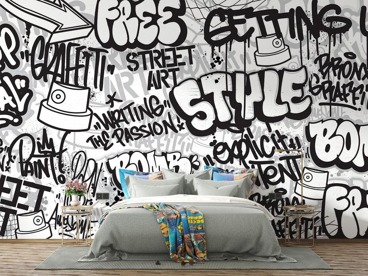 Graffiti Mural Wallpaper | Urban Black and White Street Art