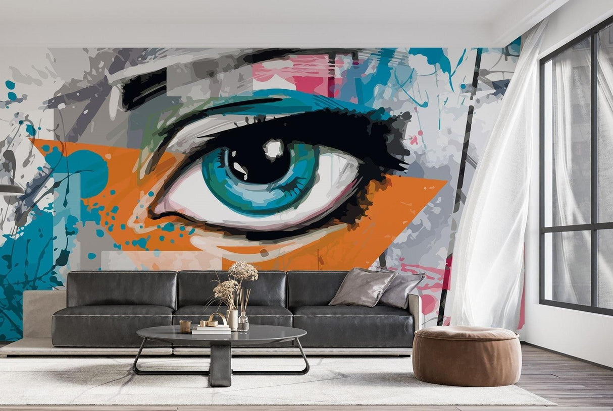 Carta da Parati Murale Street Art | Occhio Vibrante con Schizzi Turchesi