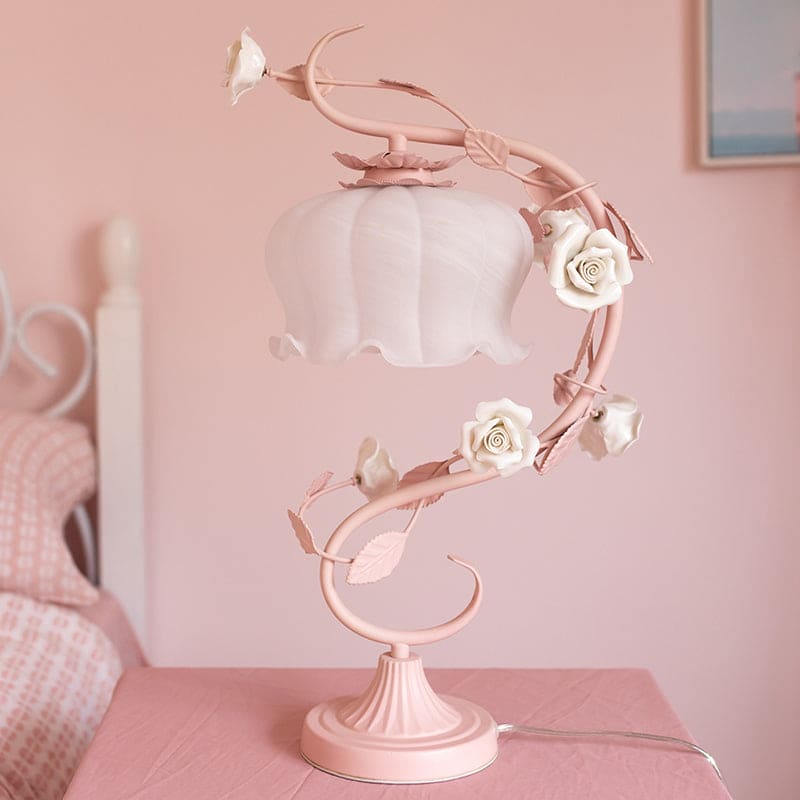 Romantic Table Lamp Rose Vine Design with Frosted Glass Shade - Product showcase