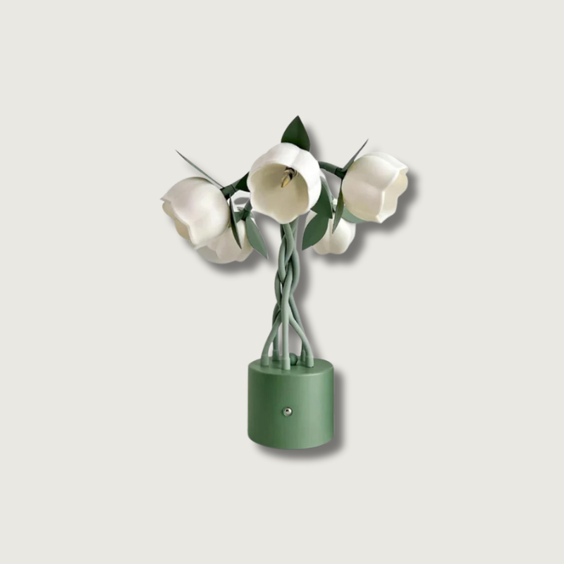 Floral Table Lamp White Tulip Design With Green Base - Product showcase