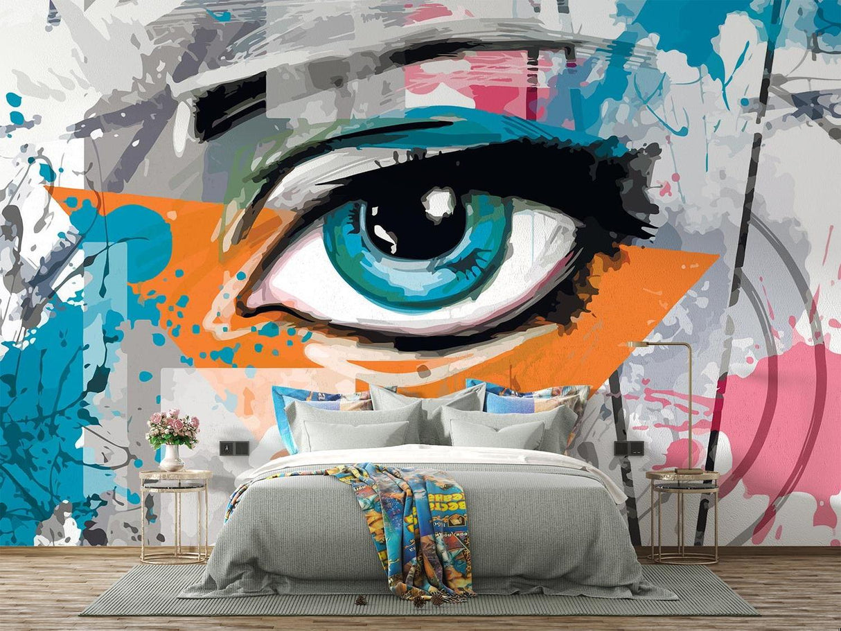 Carta da Parati Murale Street Art | Occhio Vibrante con Schizzi Turchesi