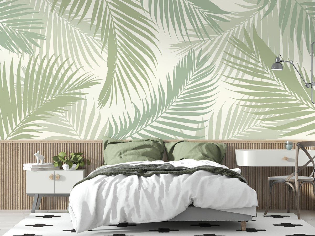 Tropical Mural Wallpaper | Sage Green Palm Leaves Pattern