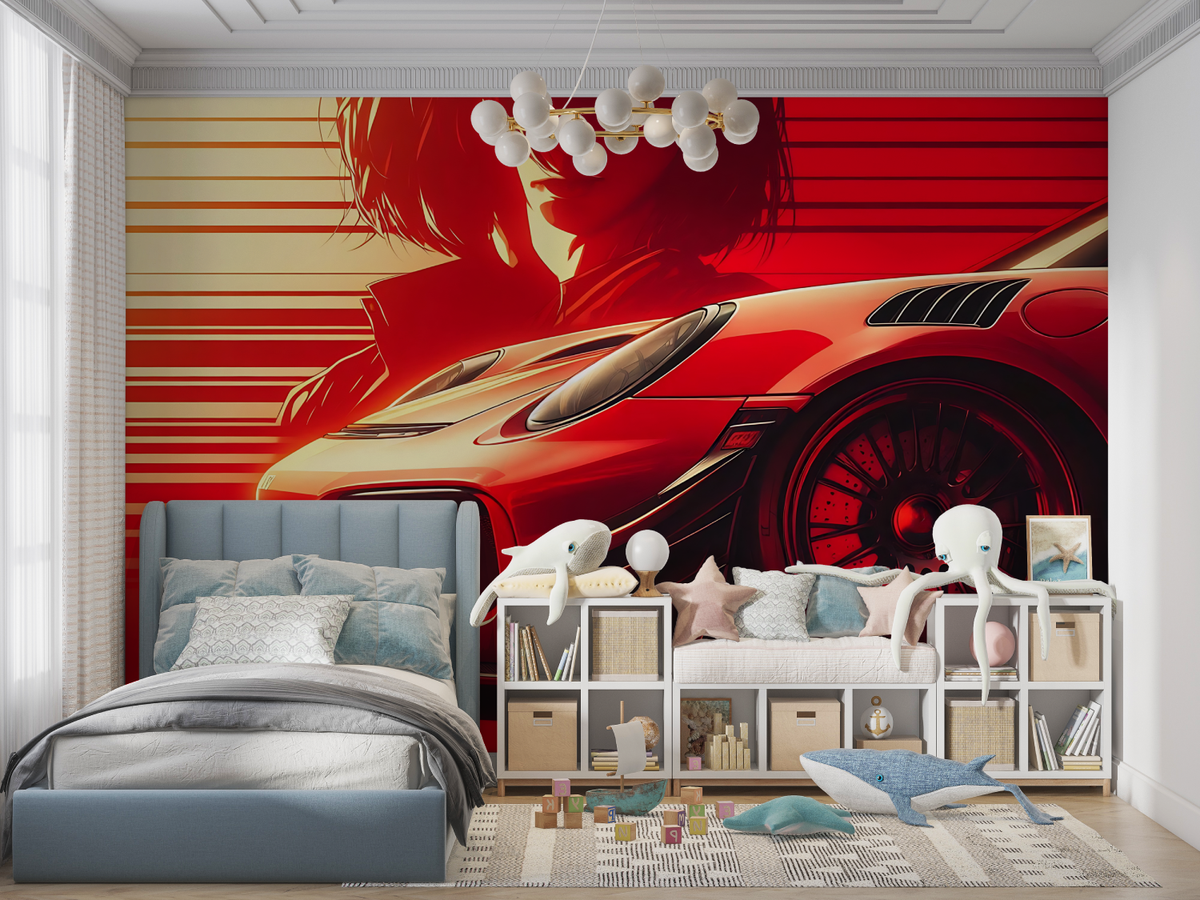 Sports Car Mural Wallpaper | Dynamic Red Racing Design