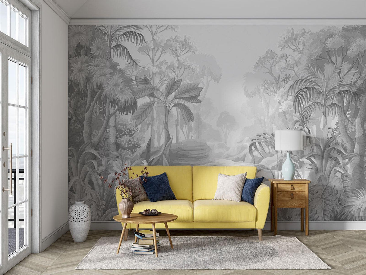 Carta da Parati Murale Tropicale | Paradiso della Giungla Monocromatico