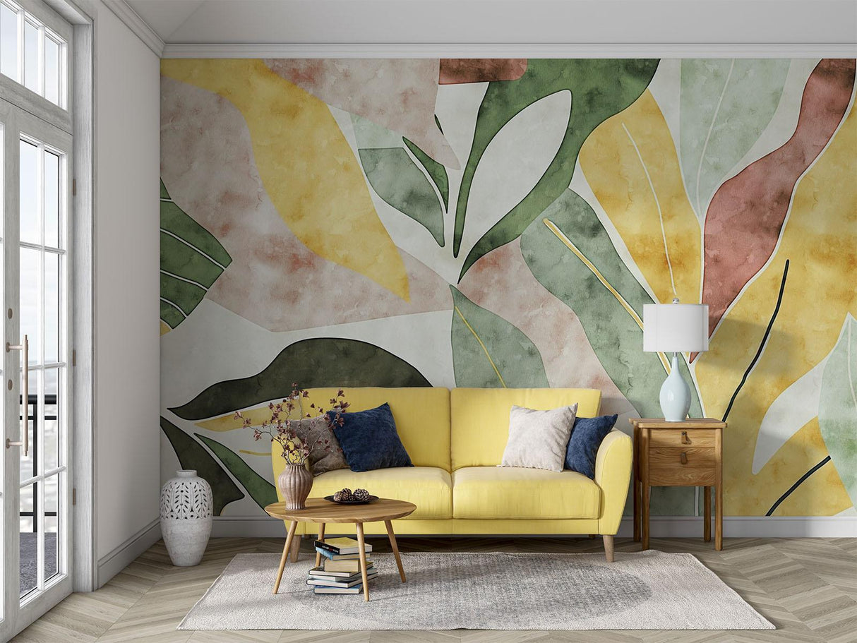 Papel Pintado Mural Tropical | Hojas Abstractas en Acuarela Amarillas y Verdes