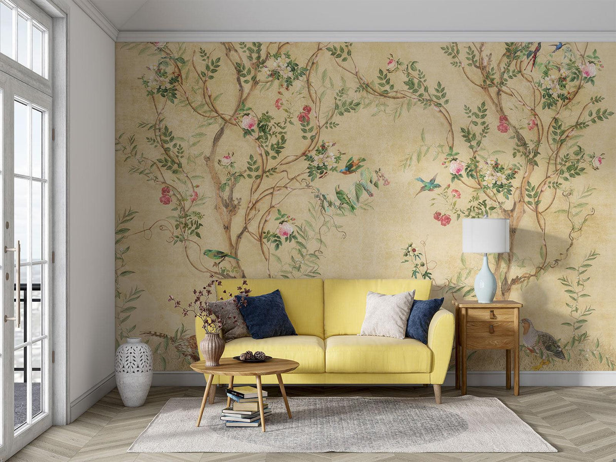 Papel Pintado Mural Floral Vintage | Diseño Chinoiserie de Pájaros y Rosas