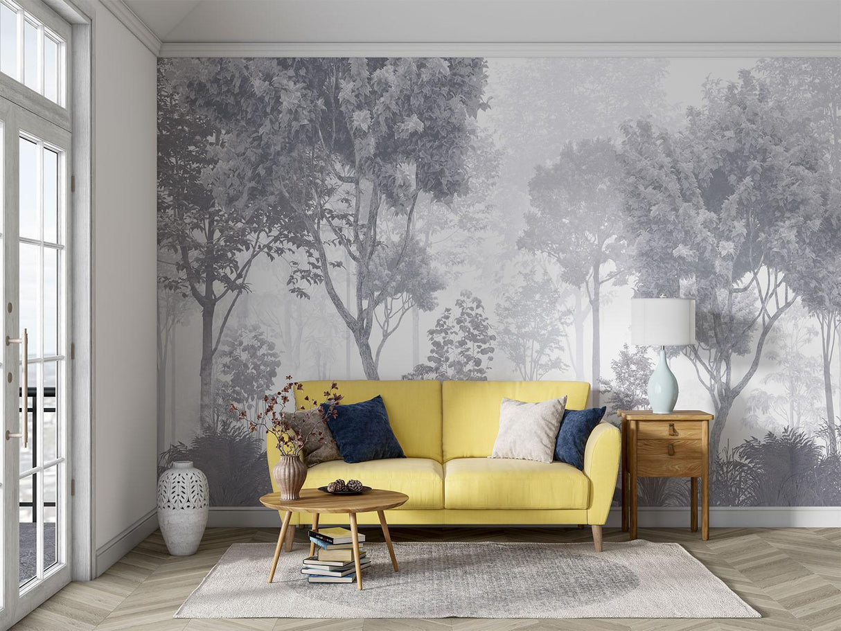 Forest Mural Wallpaper | Misty Grey Tree Landscape