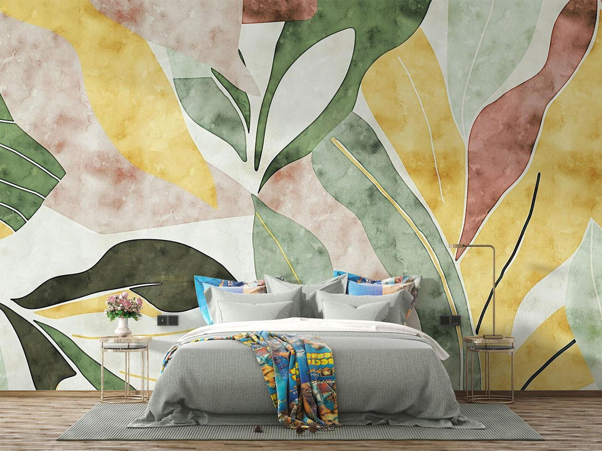 Papel Pintado Mural Tropical | Hojas Abstractas en Acuarela Amarillas y Verdes