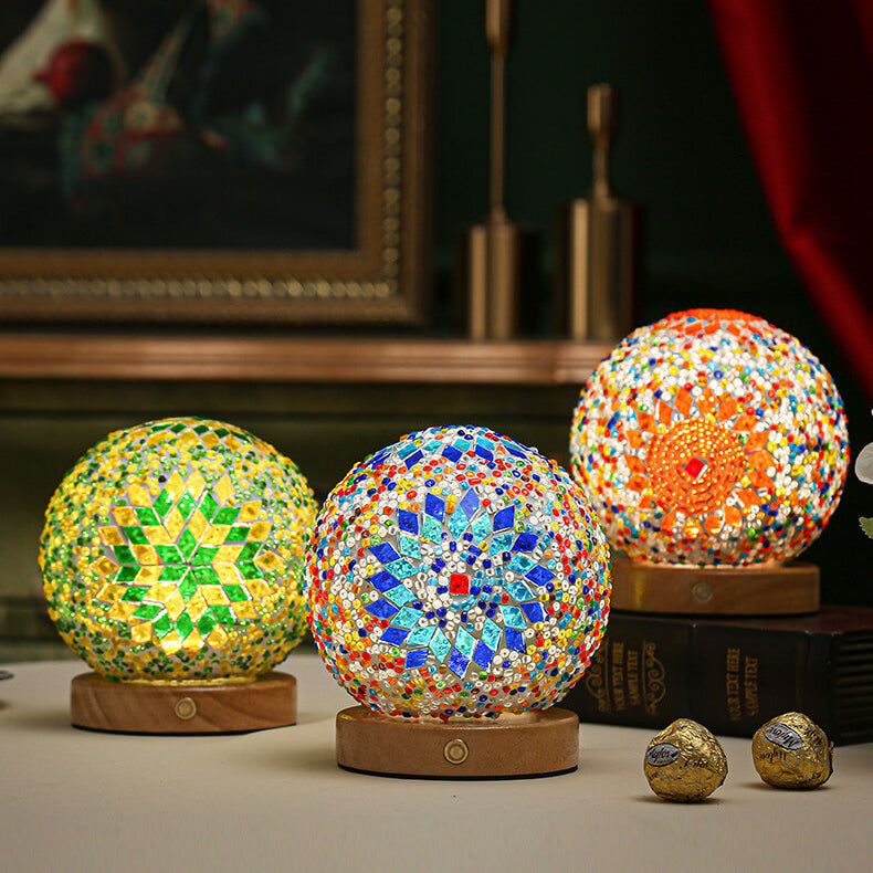 Mosaic Glass Table Lamp  Color-Changing LED Globe Design - Detailed view
