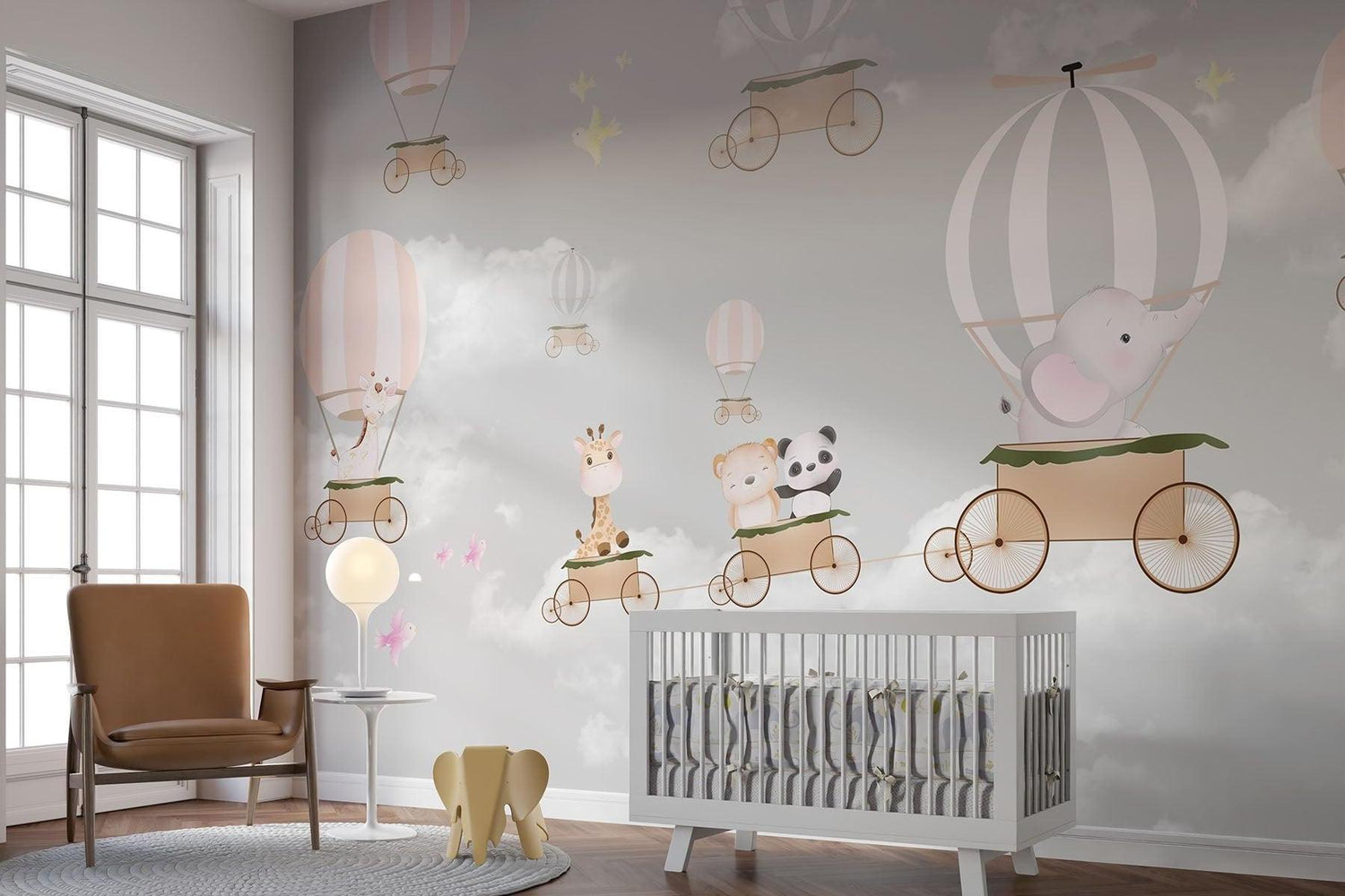 Papier Peint Mural Montgolfière | Aventure Animale en Rose et Gris