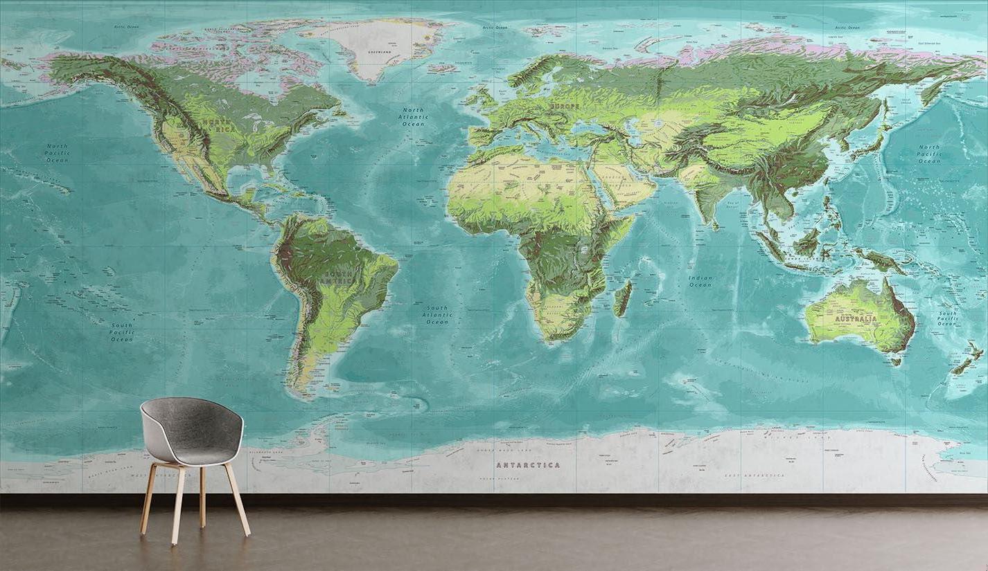 Weltkarte Tapete | Topografisches Design in Türkis und Grün