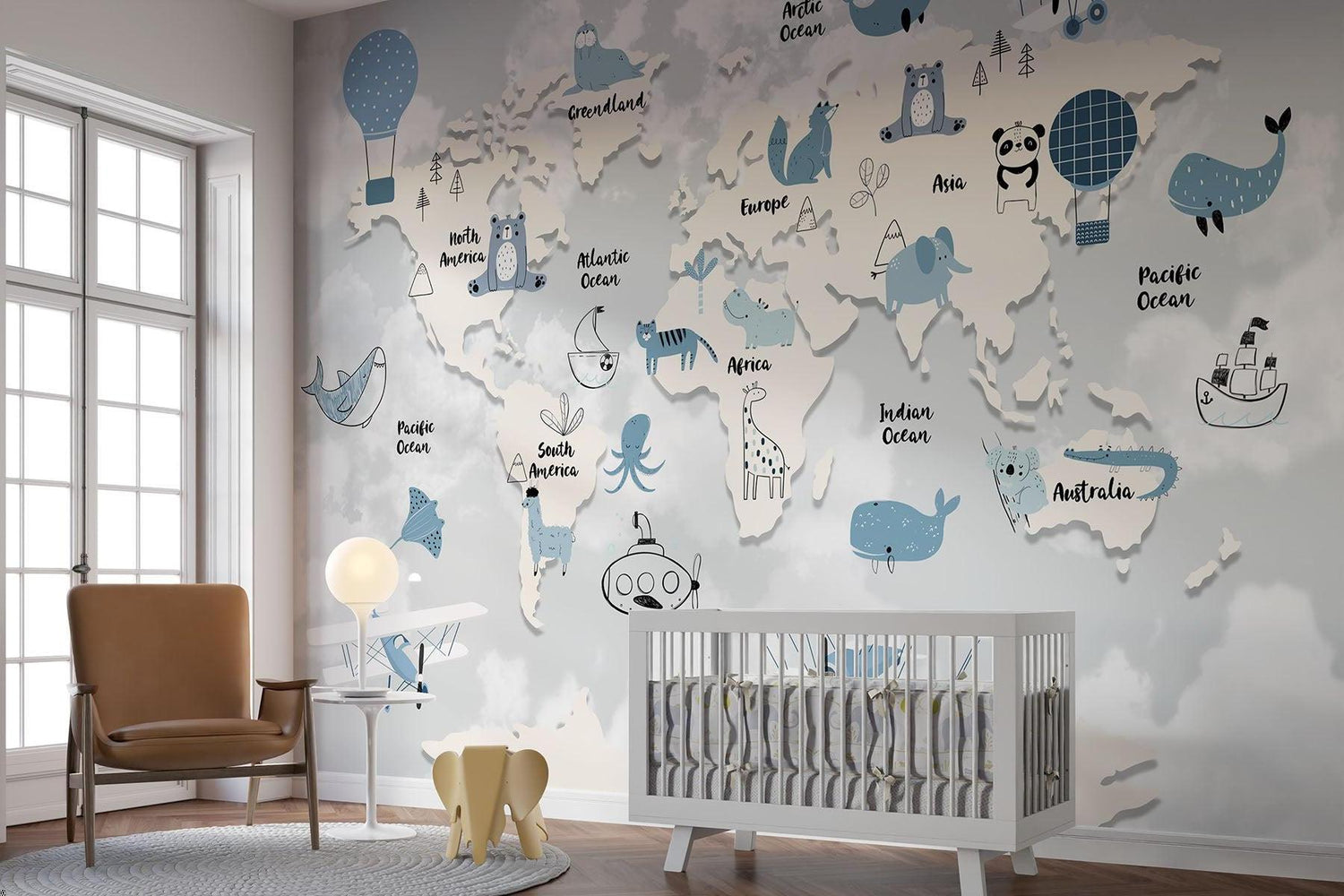Weltkarte Tapete | Kinderabenteuer mit Tieren und Heißluftballons