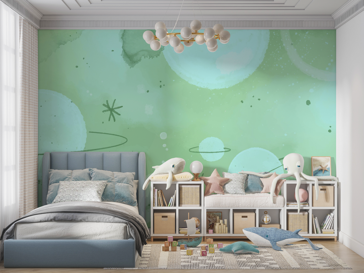 Space Mural Wallpaper | Mint Green Galaxy Design