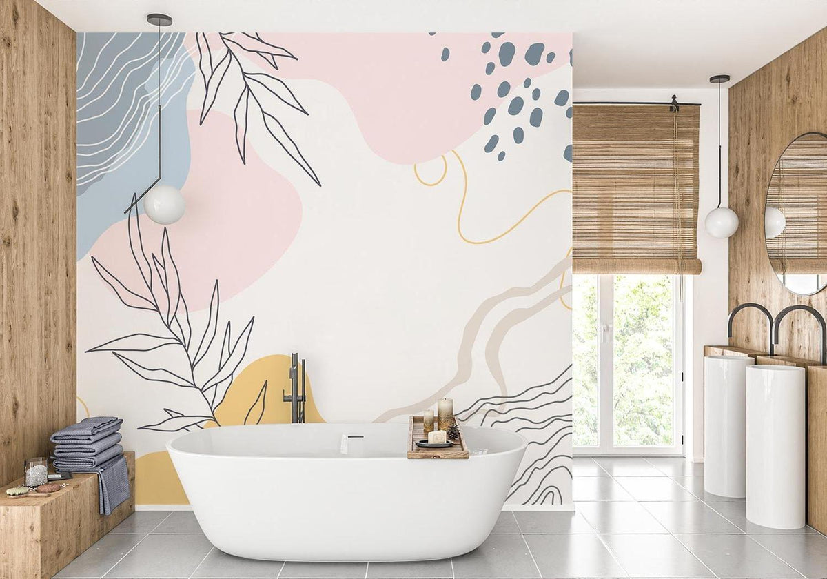 Abstract Mural Wallpaper | Botanical Line Art With Pastel Shapes
