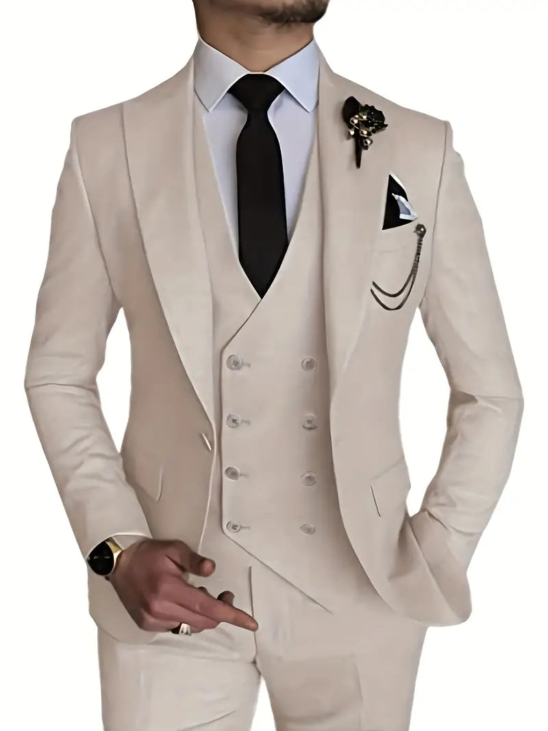 Classic Three Piece Suit Beige Double-Breasted Design - Product detail 7