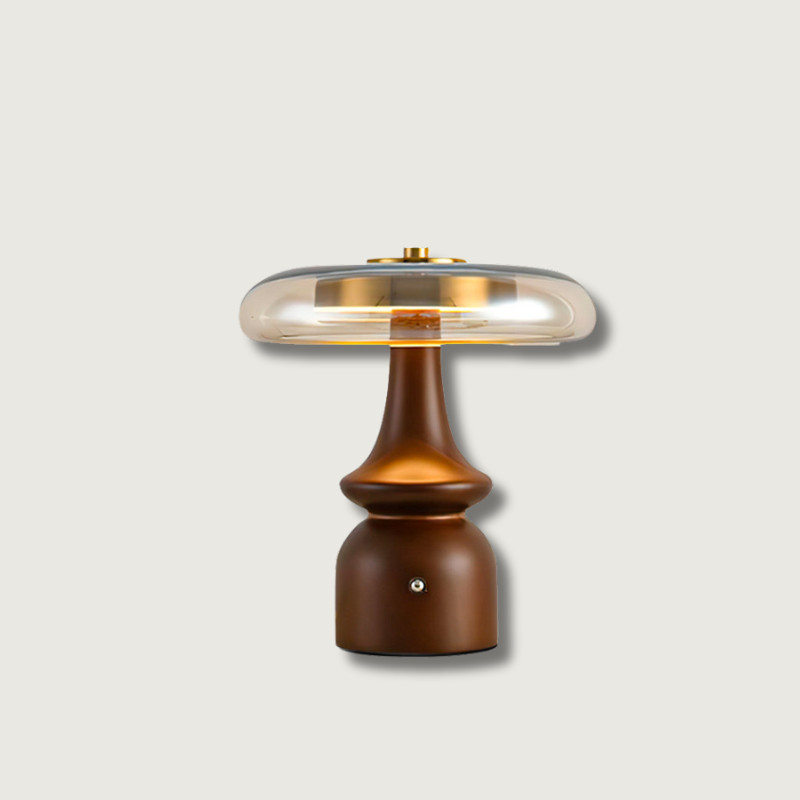 Modern Accent Table Lamp Amber Glass Dome with Walnut Base - Product showcase