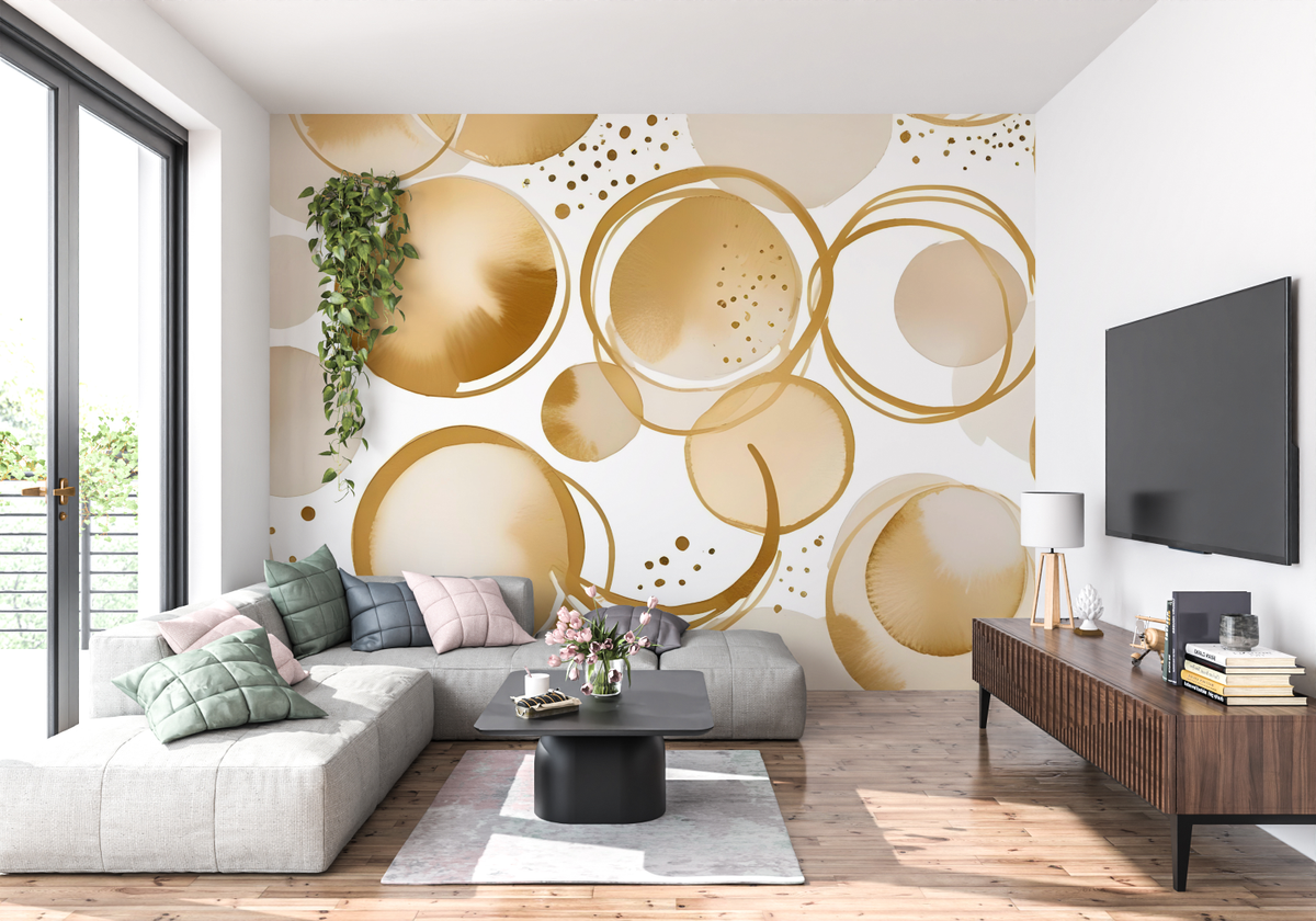Geometric Mural Wallpaper | Gold Circular Abstract Design