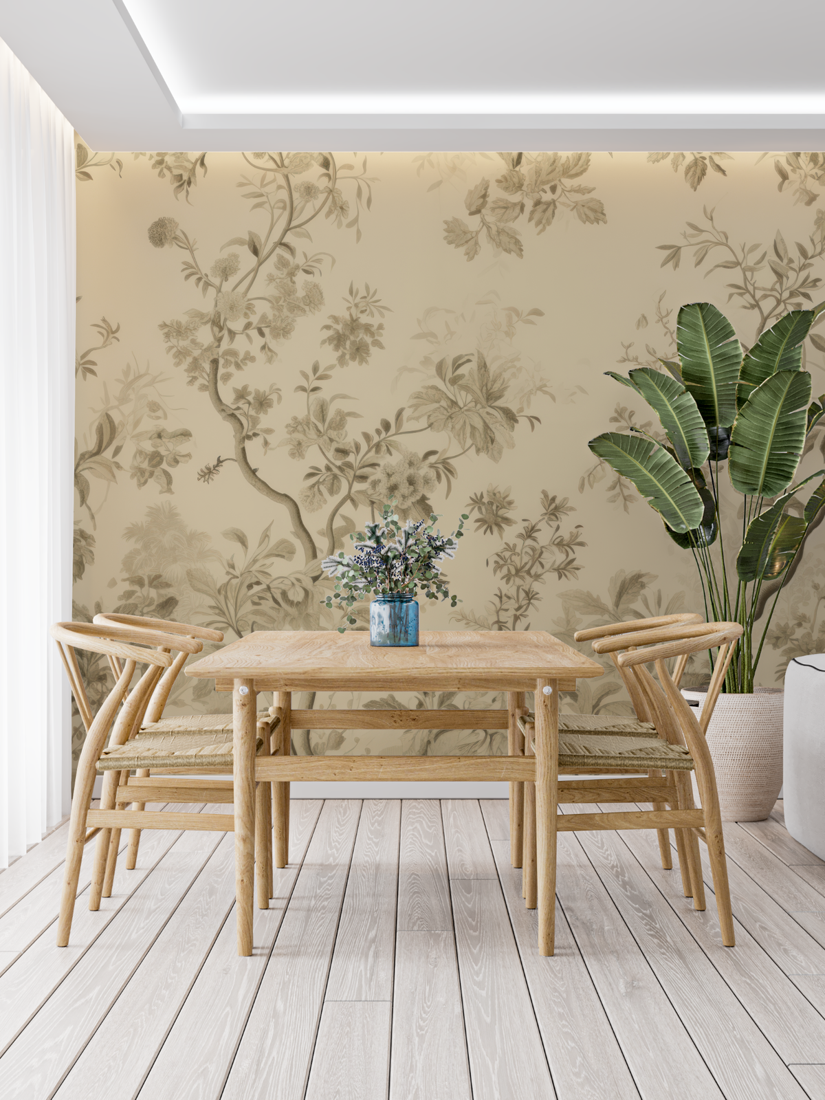 Floral Mural Wallpaper | Vintage Beige Toile de Jouy Pattern