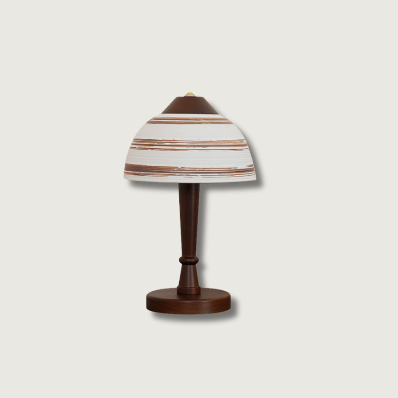 Modern LED Table Lamp Walnut Wood Base with Striped Shade - Product showcase