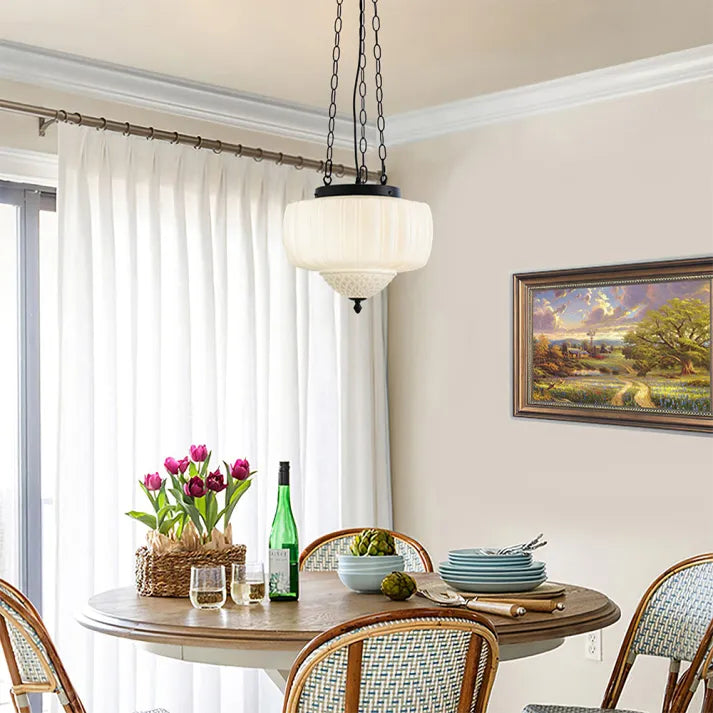 Modern Glass Pendant Light White Dome Chain Hanging Design - Product showcase