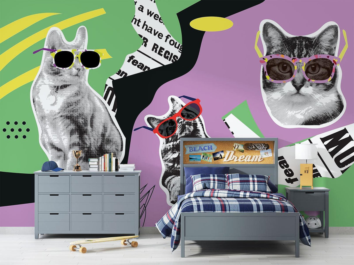 Popkonst Tapet | Snygga Katter Med Solglasögon Design