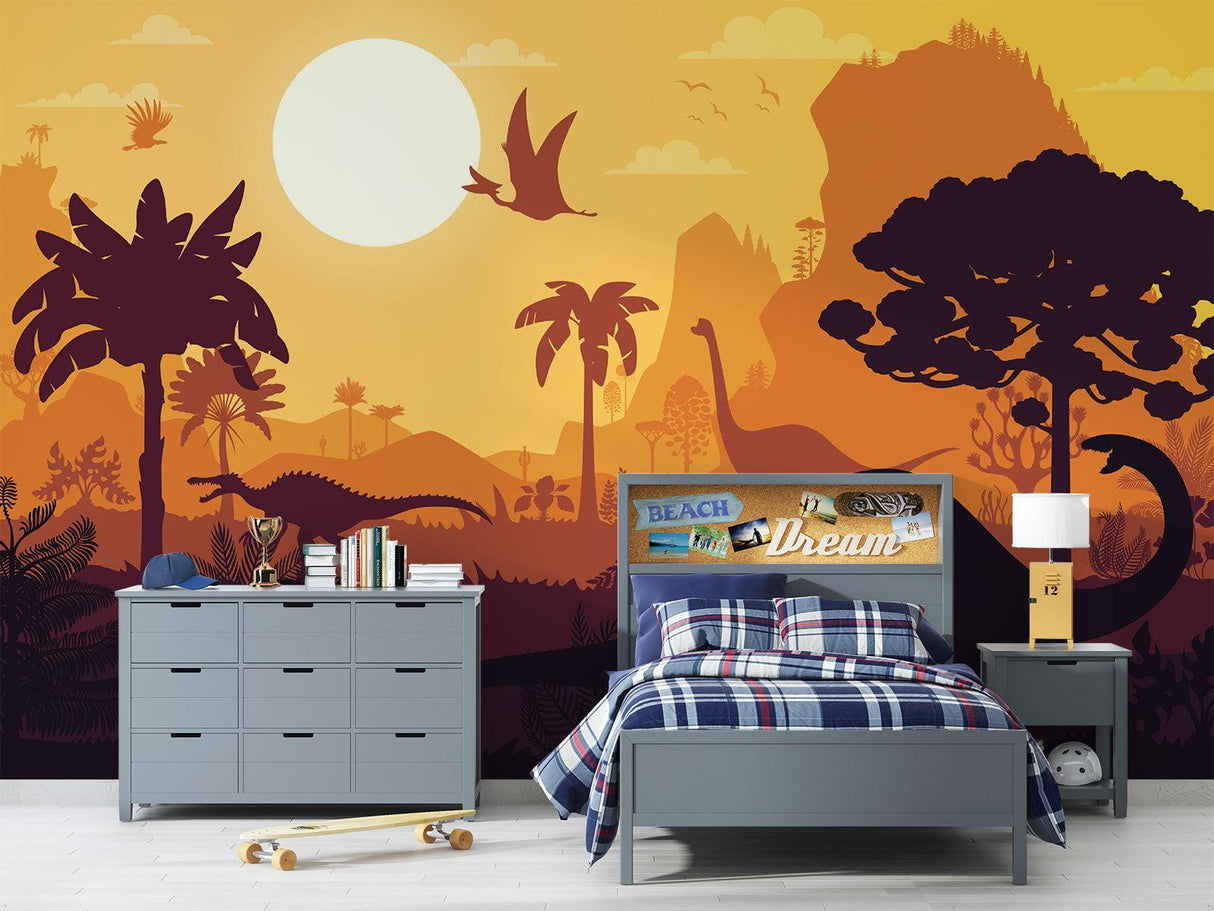 Papier Peint Mural Dinosaure | Paysage Préhistorique au Coucher du Soleil