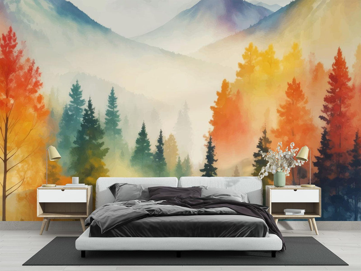 Forest Mural Wallpaper | Misty Mountain Watercolor Scene