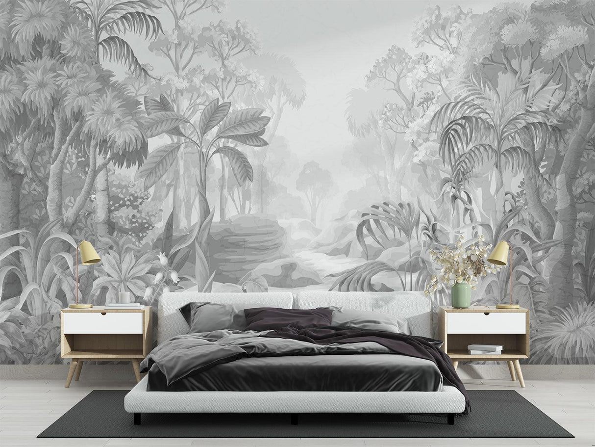 Carta da Parati Murale Tropicale | Paradiso della Giungla Monocromatico