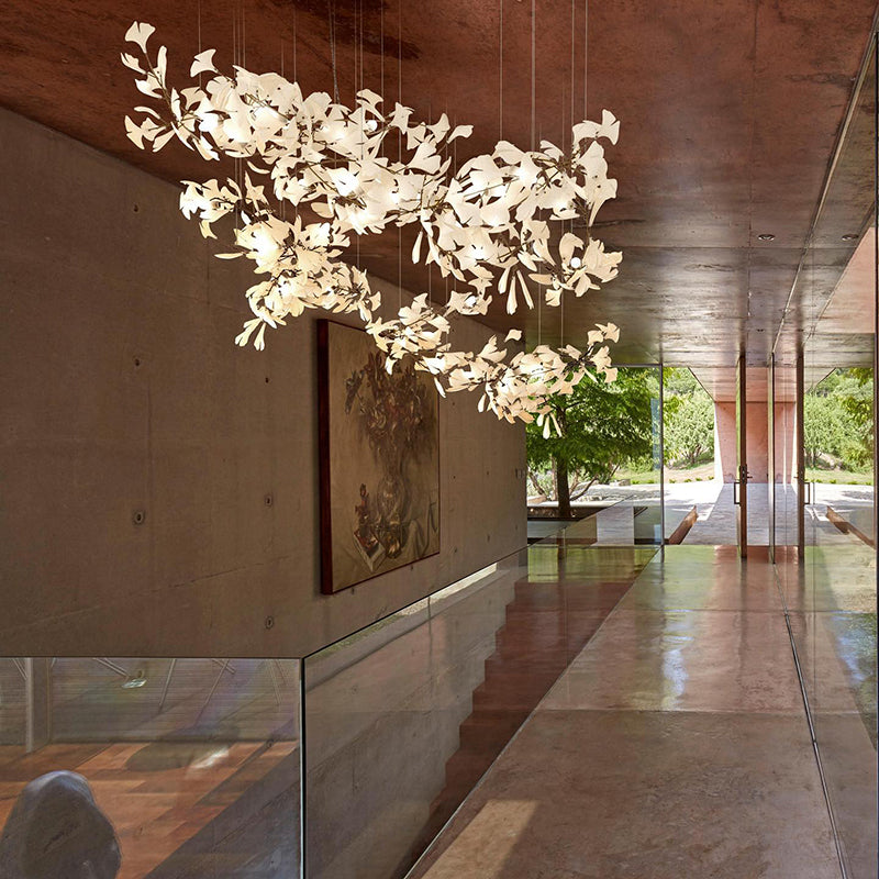 Ginkgo Leaf Chandelier Brass and White Floral Design - Detailed view