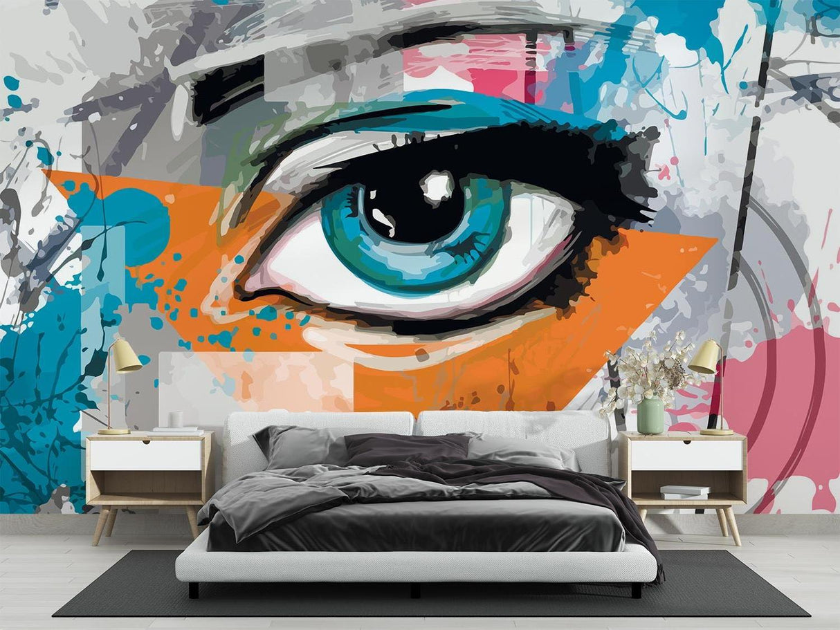 Carta da Parati Murale Street Art | Occhio Vibrante con Schizzi Turchesi