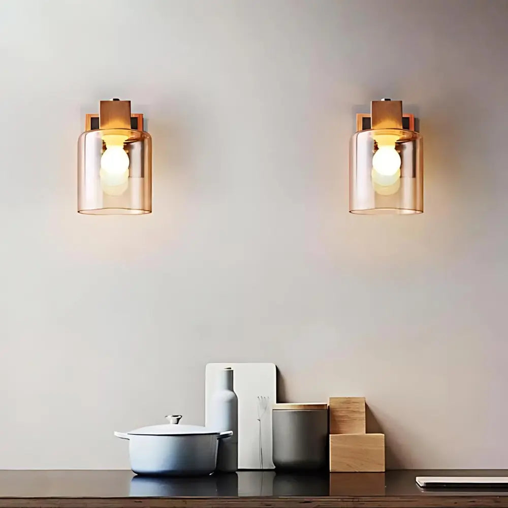 Modern Wall Light Glass Shade with Natural Wood Mount - Product detail 4