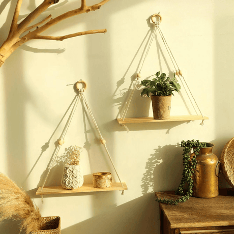 Macramé Wall Shelf  Natural Wood Boho Hanging Display - Product detail 9
