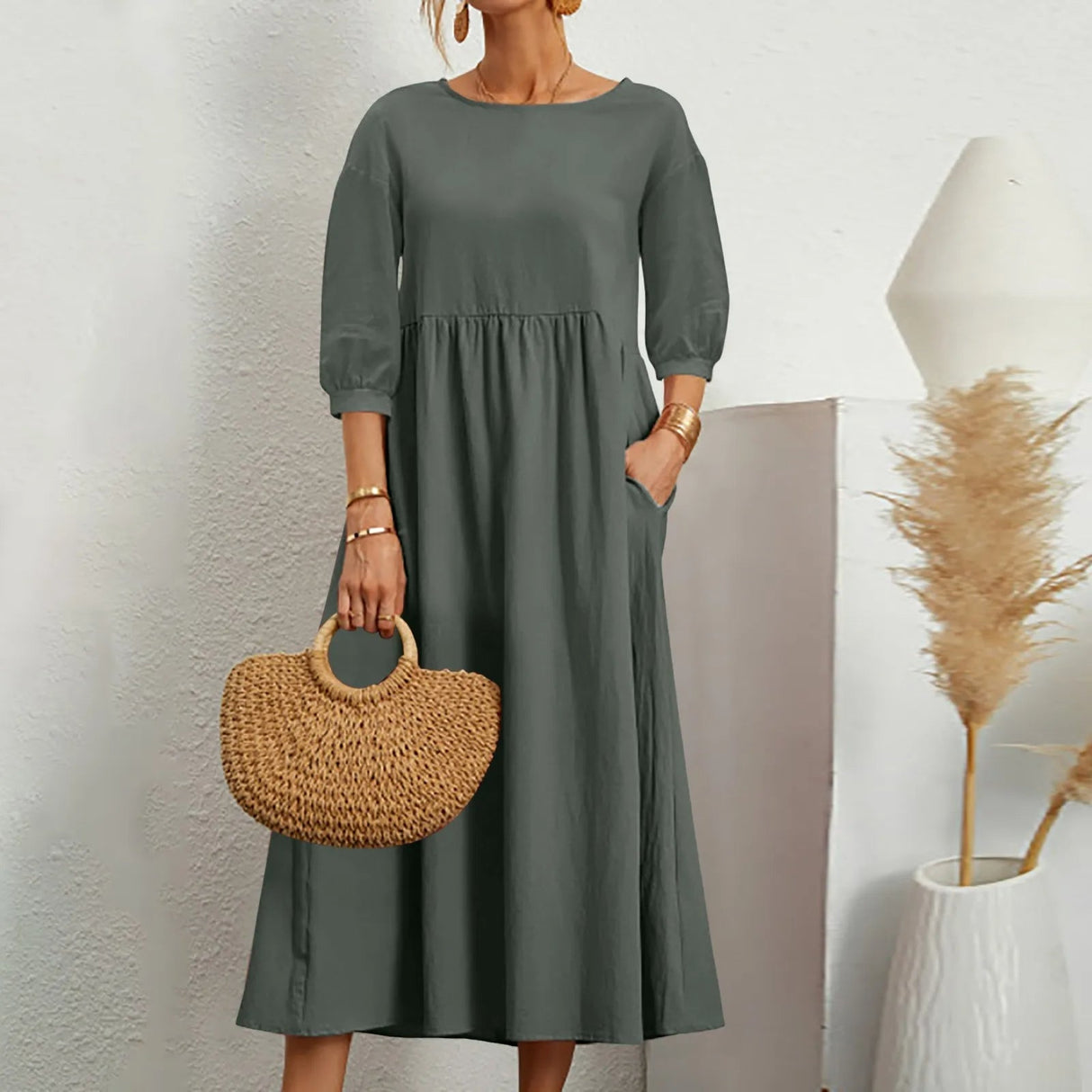 Cotton Midi Dress Casual A-Line Silhouette With Pockets - Detailed view
