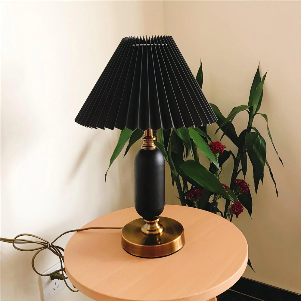 Industrial Table Lamp Black Metal Base With Pleated Shade - Detailed view