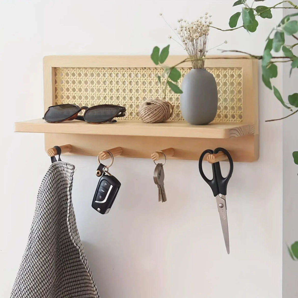 Wooden Wall Shelf Natural Rattan Panel With Storage Hooks - Detailed view