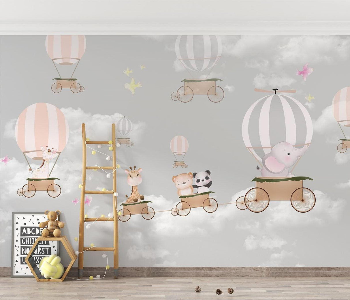 Papier Peint Mural Montgolfière | Aventure Animale en Rose et Gris