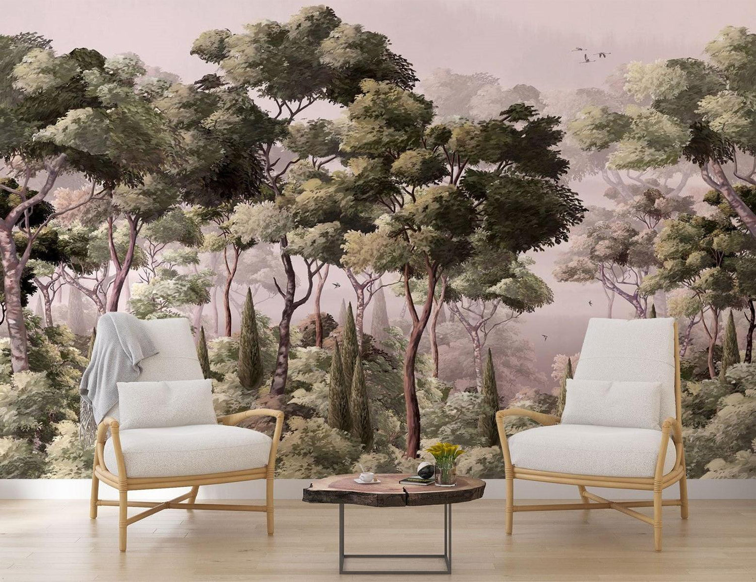 Forest Mural Wallpaper | Misty Green Woodland Scene