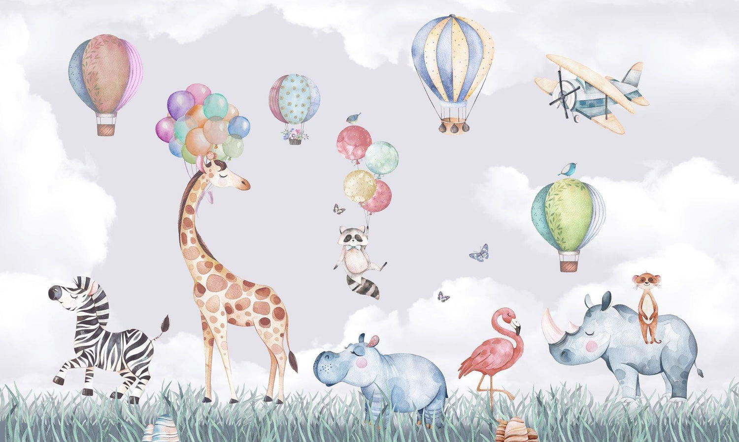 Papier Peint Mural Animaux Safari | Aventure en Montgolfière Aquarelle