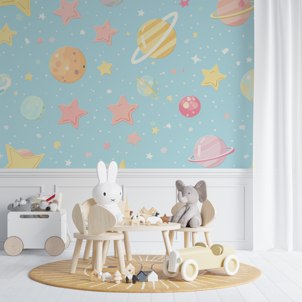 Space Mural Wallpaper | Pastel Planets and Stars Design