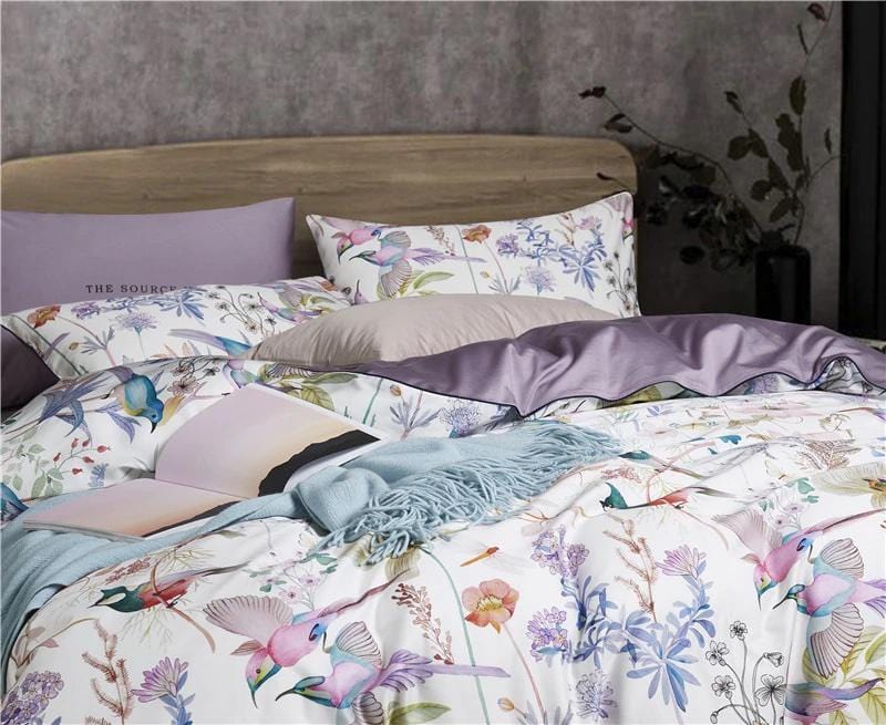 Botanical Cotton Duvet Cover  Floral Bird Print Design - Detailed view