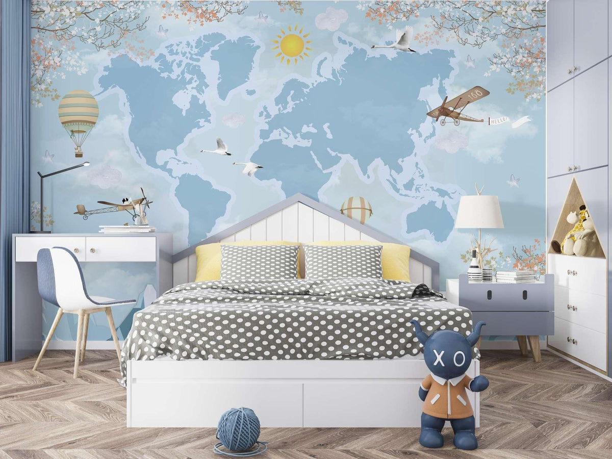 World Map Mural Wallpaper | Adventure Theme with Hot Air Balloons