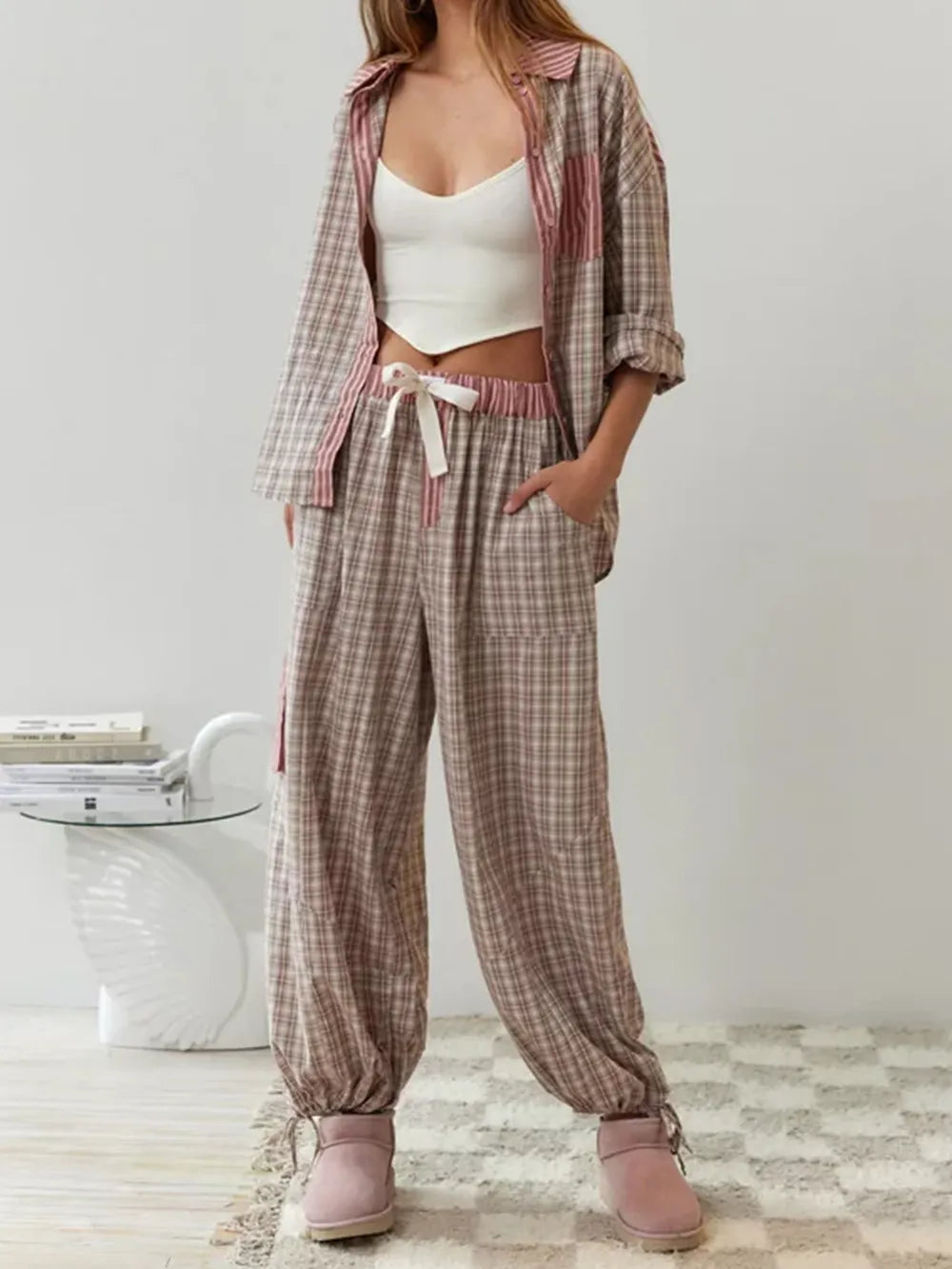 Cotton Blend Pajama Set Striped Pattern With Plaid Accents - Product detail 5