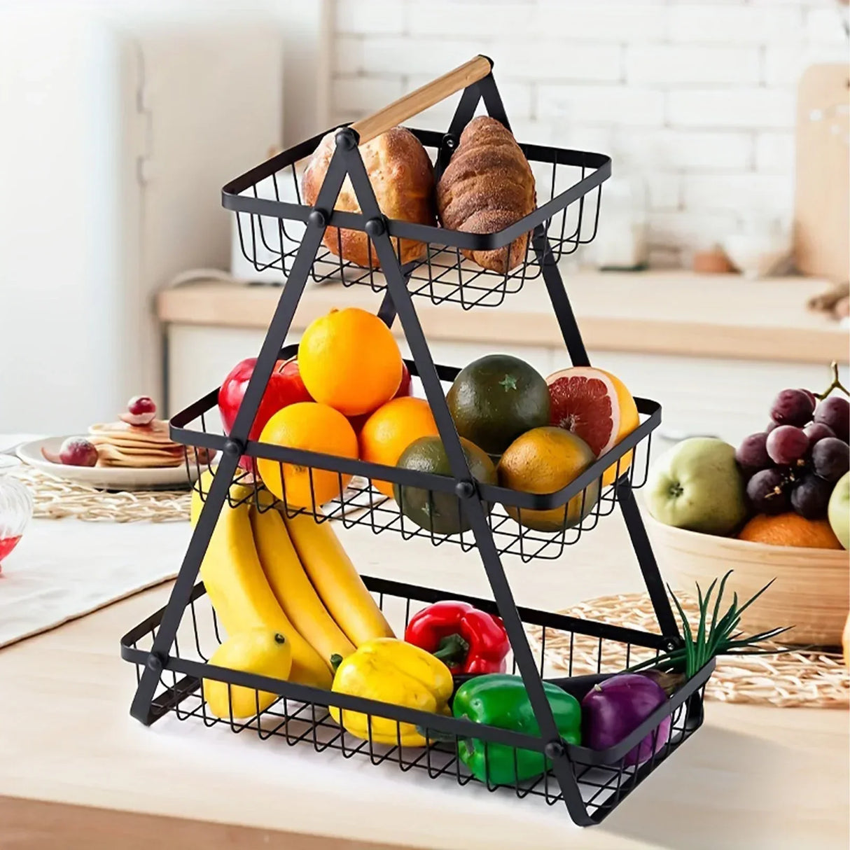 Modern Tiered Fruit Basket Black Steel 3-Level Storage - Product example