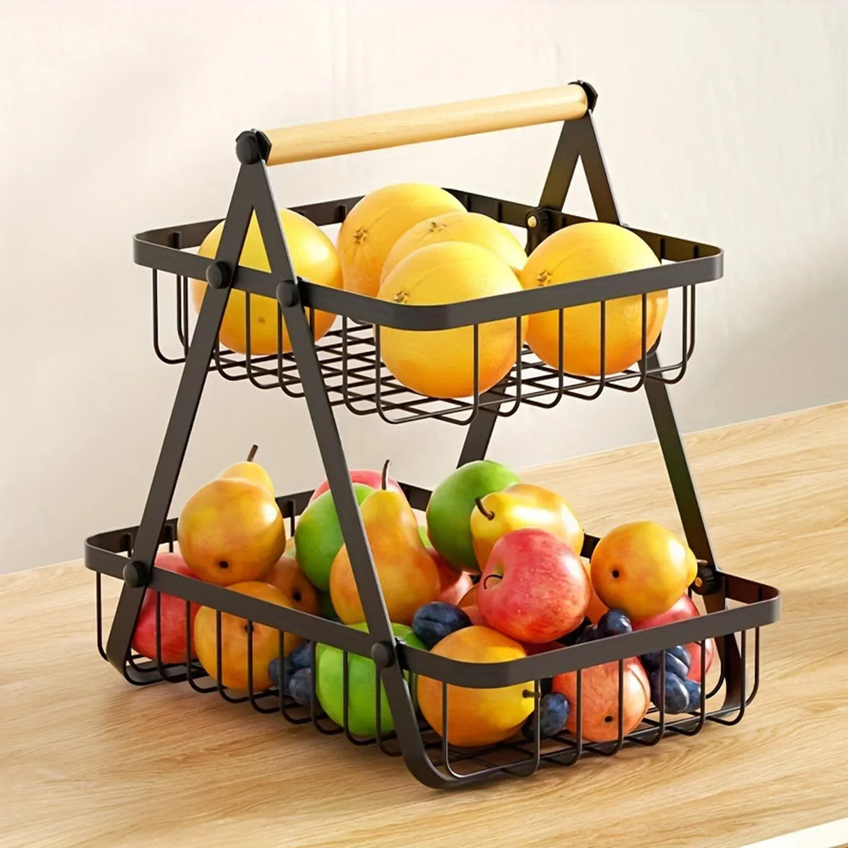 Modern Tiered Fruit Basket Black Steel 3-Level Storage - Detailed view